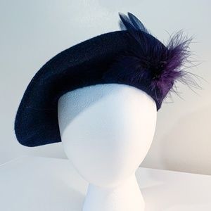 Vintage Navy Wool Beret with Feather Accents